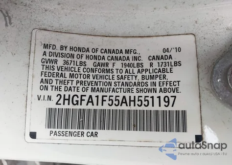 2010 Honda Civic Lx z USA, uszkodzony, nr VIN 2HGFA1F55AH551197